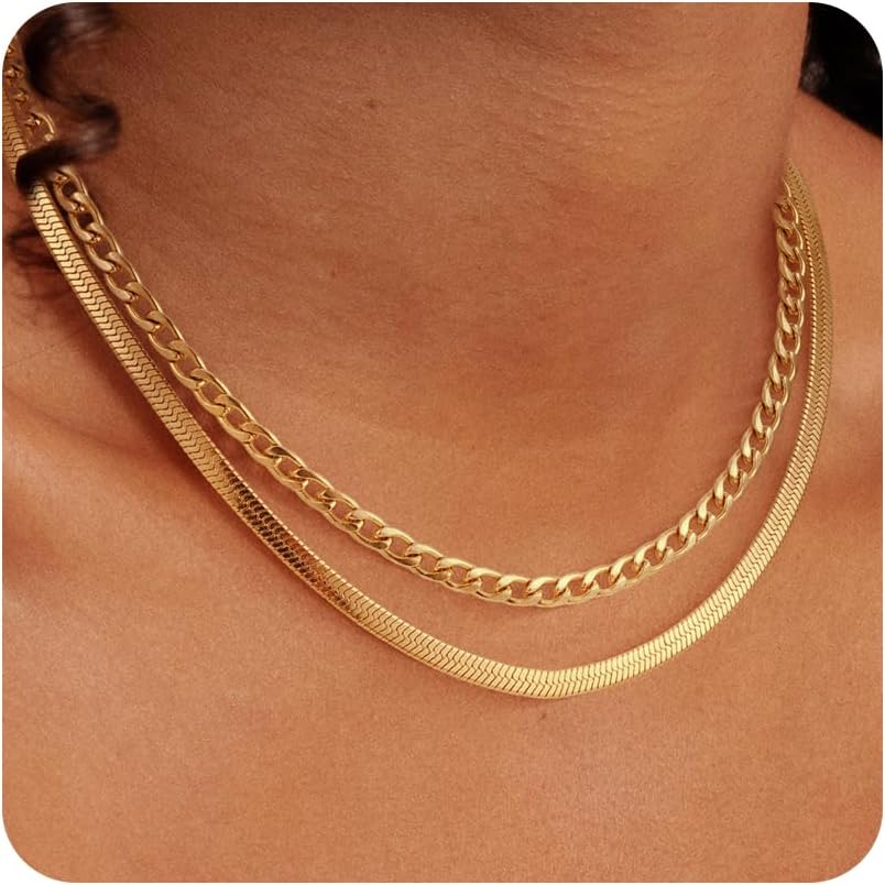 Herringbone Necklace for Women Review Dainty 14K Gold Plated Snake Chain Choker Layered Necklace