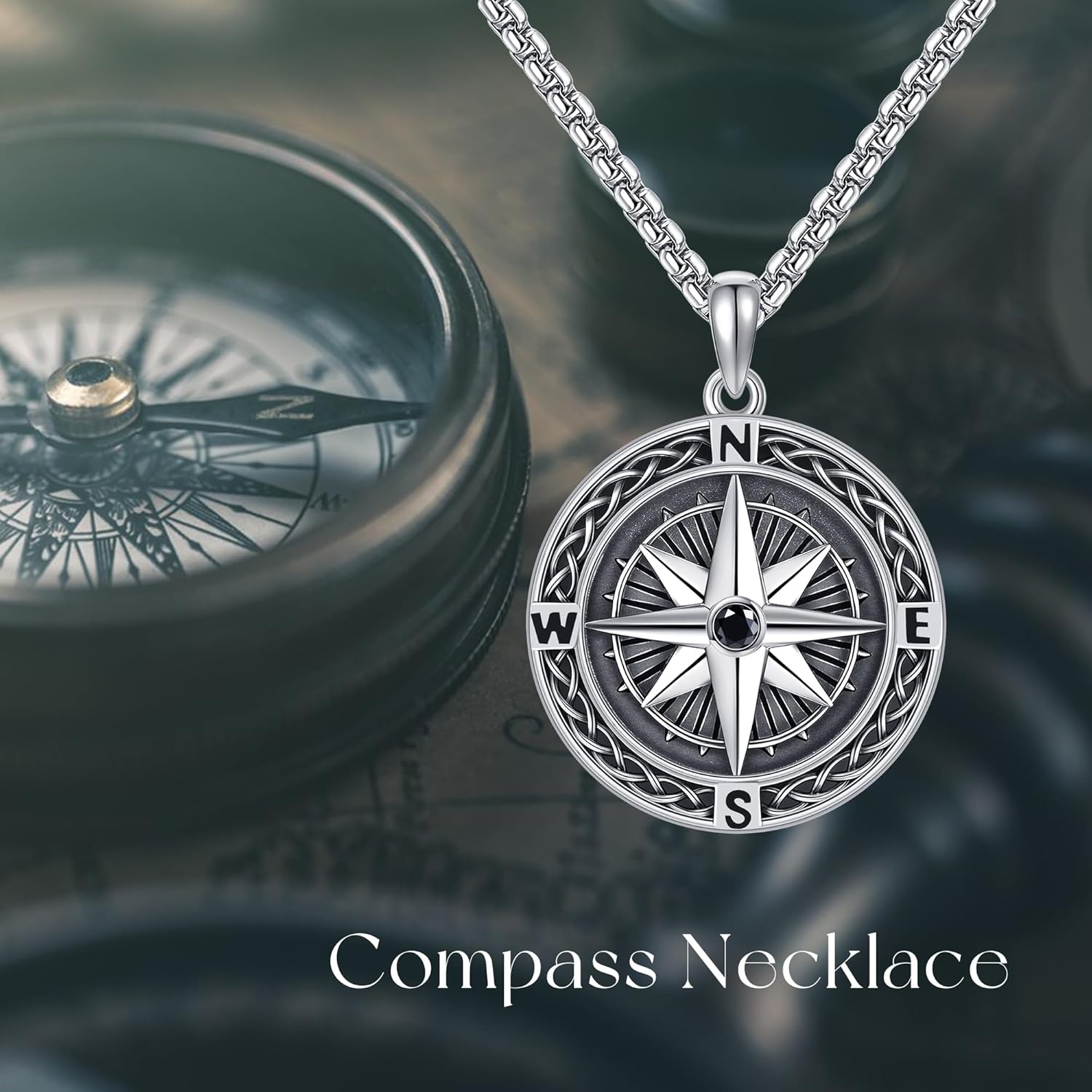 Compass Necklace S925 Sterling Silver Celtic Knot Pendant
