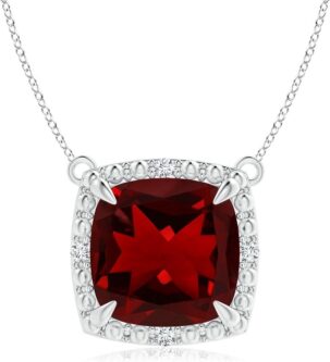 Angara Natural Garnet Solitaire Halo Pendant Necklace for Women A Perfect January Birthstone Jewelry Gift