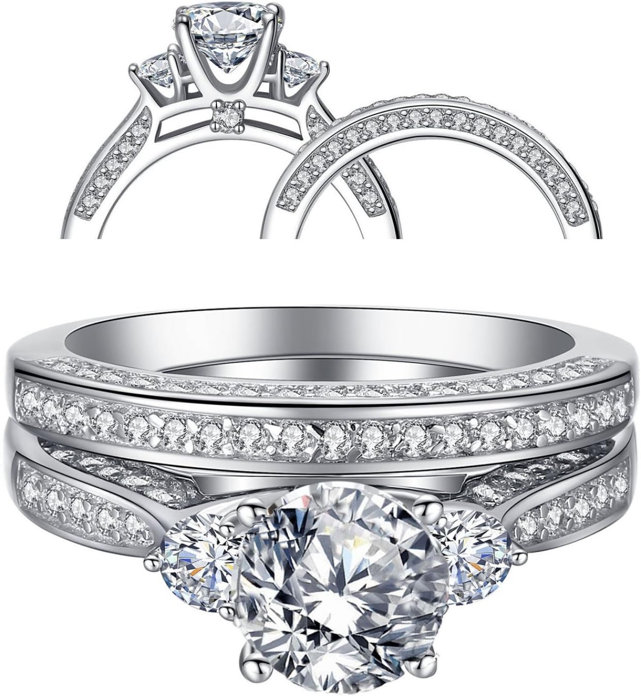 Timeless Elegance, Affordable Luxury: MABELLA 3 Stone Silver Wedding Ring Set
