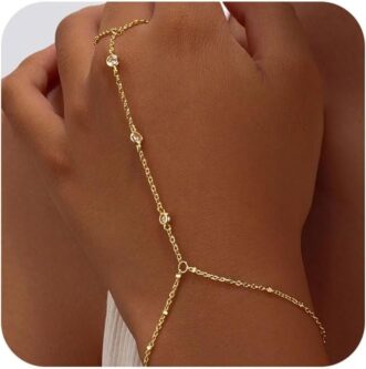 AGWOLF 14K Gold/Silver Plated Dainty Hand Chain Bracelet – Adjustable Ring Chain Jewelry for Women